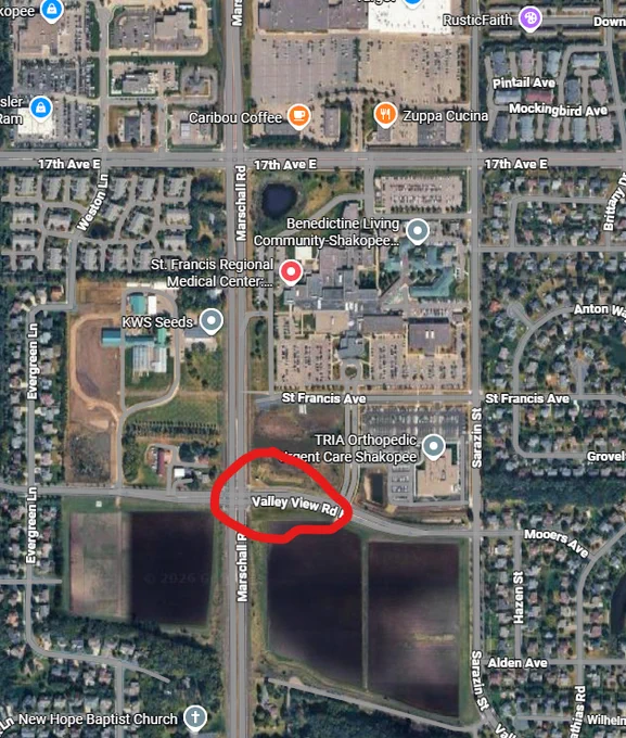 An aerial photo of the area in which County Highway 17 and Valley View Road intersection is circled in red.