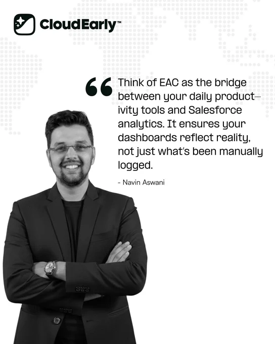 Black and white graphic of Navin Aswani in a blazer with arms crossed next to a quote about EAC connecting productivity tools with Salesforce analytics to improve data accuracy, with CloudEarly logo at the top.