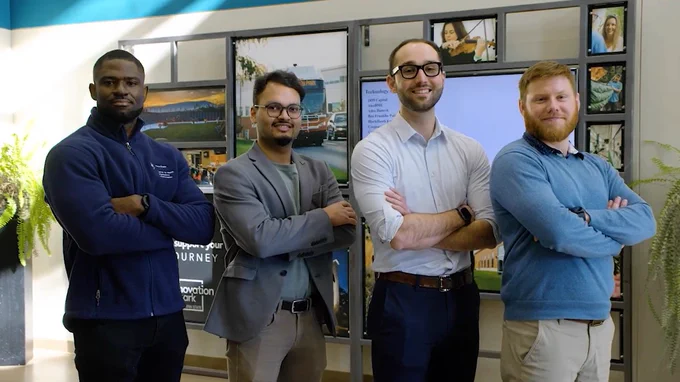 Innovation Rockstar Award winners posing together, in order from left to right: Kevin Mekulu, Ankur Verma, Scott Leighow, and Joshua Reynolds.

