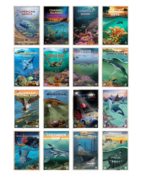 A collage of all 16 national marine sanctuary system posters.