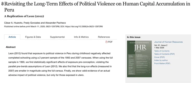 Leon (2012) found that exposure to political violence in Peru during childhood negatively affected completed schooling using a 2 percent sample of the 1993 and 2007 censuses. When using the full sample in 1993, we find statistically significant effects of exposure pre-conception, violating the parallel pre-trends assumptions of Leon (2012). We also find that the long-run effects (measured in 2007) are smaller in magnitude using the full census. Finally, we show valid evidence of an actual adverse impact of political violence, but only for those exposed in utero.