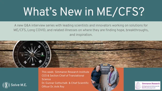 Banner for a Q&A series on ME/CFS research featuring a compass on wood and two scientists from Simmaron Research Institute.