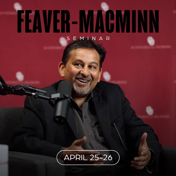 Photo of Dr. Shishir with "Feaver–Macminn Seminar" and "April 25-26" on top.