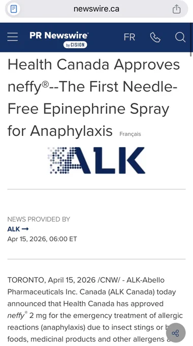 Health Canada approves Neffy, nasal epi