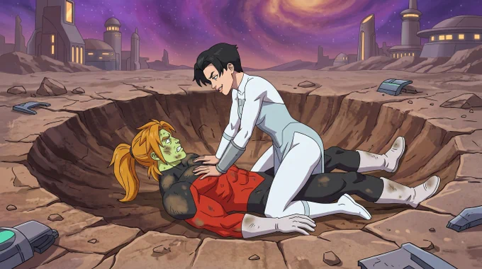 Digital art depicting Anissa from Invincible pinning a green-skinned hero named Lord Paragon Perfection The Natural Selection, into a massive crater. She is leaning over him with a smirking, dominant expression while he looks up in shock. The scene is set on a desolate alien world under a vibrant purple galaxy sky, capturing a "script-flipped" moment of intense confrontation.