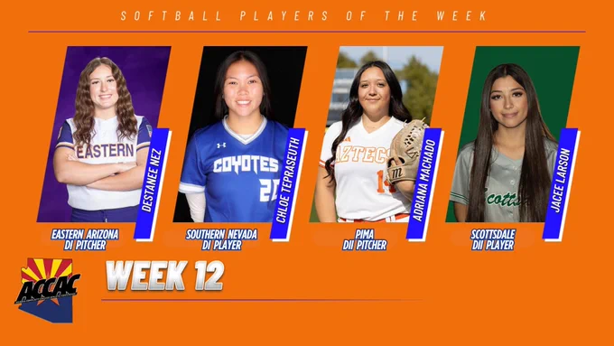 Weekly softball honors featuring four players with jerseys and smiling portraits.