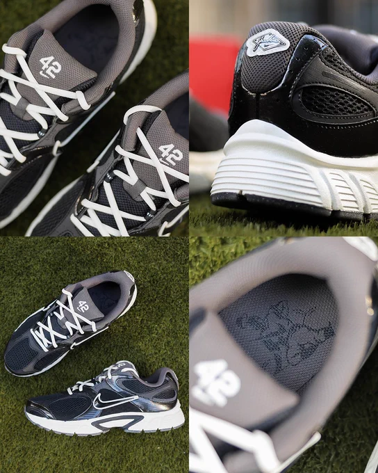 Four photos featuring detailed shots of the Nike V5 RNR Jackie Robinson Day sneakers. They feature the No. 42 on the tongue of the shoe with "Jackie" on the heel tab. The insole features Robinson's steal of home in Game 1 of the 1955 World Series.