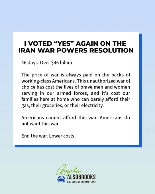 
“46 days. Over $46 billion. 
 
“The price of war is always paid on the backs of working-class Americans. This unauthorized war of choice has cost the lives of brave men and women serving in our armed forces, and it’s cost our families here at home who can barely afford their gas, their groceries, or their electricity. 
 
“Americans cannot afford this war. Americans do not want this war.  
 
“End the war. Lower costs.” 