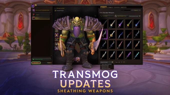 In the middle of the image is an orc man with large pauldrons, arm bands, black pants, and pointed shoes. In each hand, he holds a sword with a large curved blade. In the background is the transmogging window with rows of different one-handed weapons. At the bottom of the image is text that reads, \u201CTransmog Updates: Sheathing Weapons.\u201D