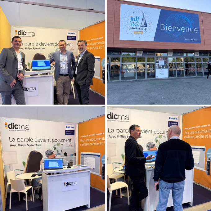 Deuxième jour au JNLF – Congrès de Neurologie à Marseille. Pascal Thibaut et Pierre Bouchet de Dicma sont sur place aux côtés de Lionel Suzat de Philips Dictation pour présenter les nouveaux assistants IA de Philips, dont SpeechLive Health AI Assistant.