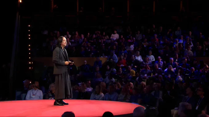 Audrey Tang, Taiwan’s cyber ambassador, first digital minister, architect of the Taiwan Model for digital diplomacy and 2025 Right Livelihood laureate, addresses the audience during Session 2: Collective Intelligence at TED2026 in Vancouver, Canada.