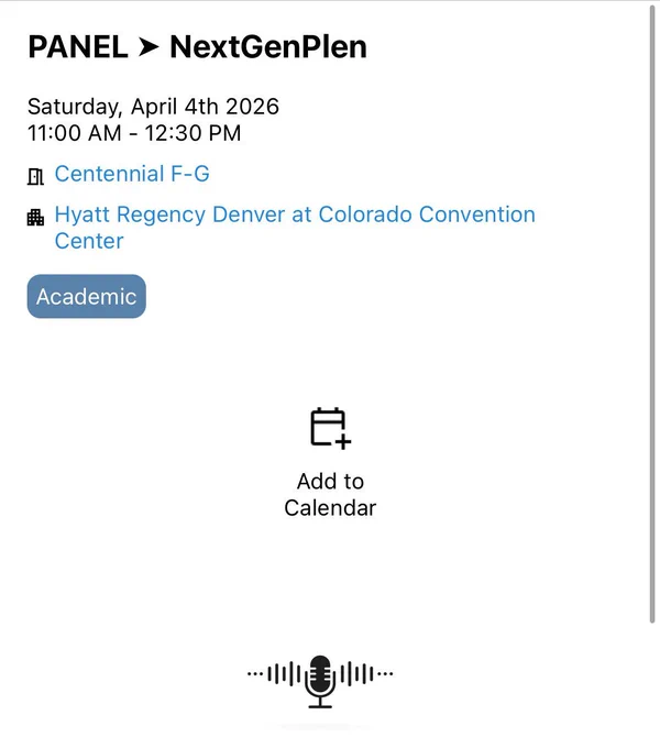 Image of the Next Gen Plen session description from the S A A member clicks app. Below the session title and date and time is a calendar and microphone icon. End ID.