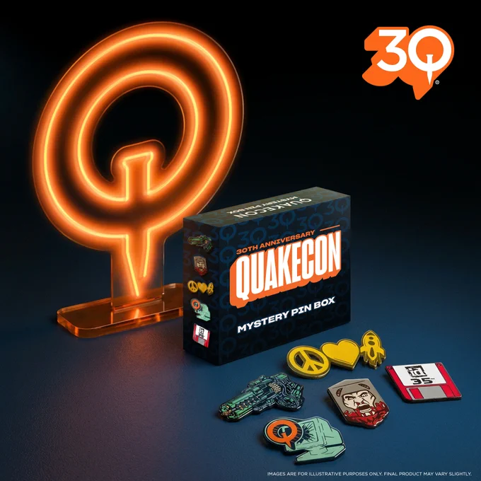 QuakeCon 30th Anniversary Add-Ons Image showcasing the Mystery Pin Box (featuring 1 of 5 designs – a Quake Champions Railgun pin, an red diskette with a black id 35th logo on a white label pin, a yellow and gold peace, love and rockets pin, and an orange QuakeCon symbol busting out of a blue CRT monitor pin) and a desktop neon QuakeCon illuminated (in orange) Q.