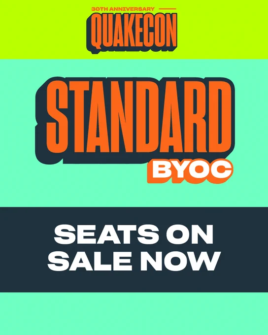 QuakeCon 30th Anniversary Image with text, “SEATS ON SALE NOW”.