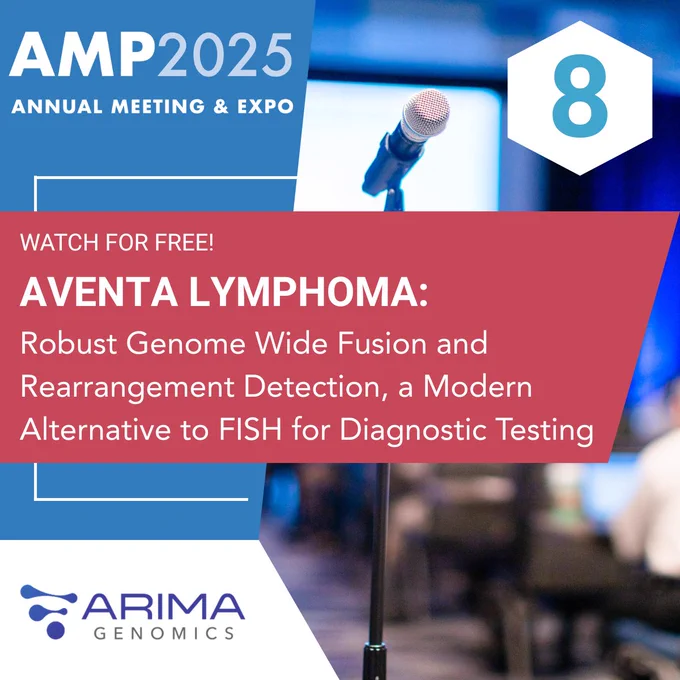 Microphone on stand in a conference setting promoting Aventa Lymphoma's genome fusion detection at AMP 2025 Annual Meeting.