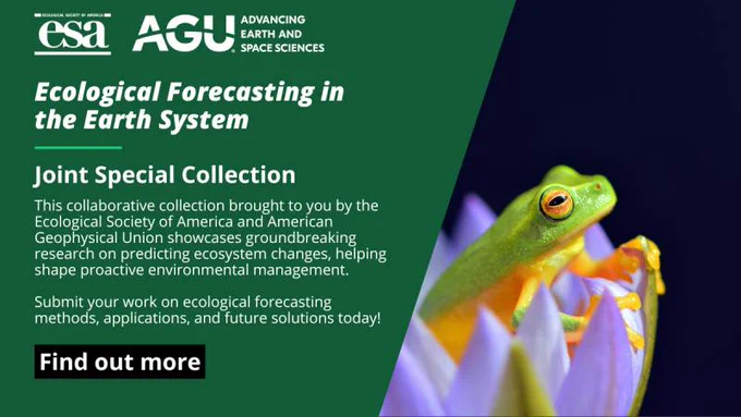 A green tree frog sitting in a flower; text describes the special journal collection between ESA and AGU, with an invitation to find out more. Click through for full information for submissions, and to read the currently published articles.