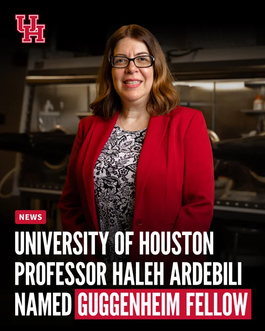 A woman in a red blazer stands in front of scientific equipment in a lab. A headline reads, “University of Houston Professor Haleh Ardebili Named Guggenheim Fellow.”
