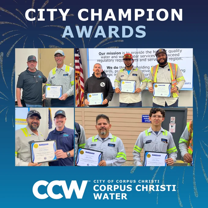 Corpus Christi Water employees who have been awarded a City Champion certificate. 

Clockwise from top left: Joseph Palfreyman, Alan Hernandez, Arturo Prieto, Jose Gomez, Jesus Torres, Justin Thomas, and Pedro Hinojosa  
