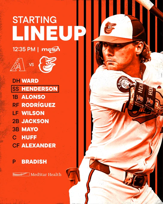 Diamondbacks at Orioles | O’s Starting Lineup | 12:35 p.m. | MASN

DH - Ward
SS - Henderson
1B - Alonso
RF - Rodríguez
LF - Wilson
2B - Jackson
3B - Mayo
C - Huff
CF - Alexander
P - Bradish

The graphic features an image of Henderson batting. He is wearing a white Orioles uniform and a batting helmet.