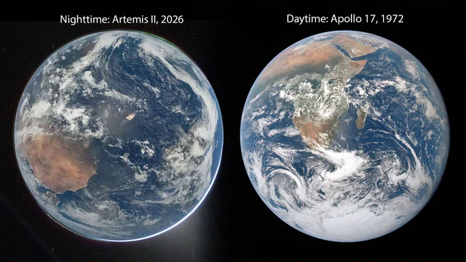 Image showing two views of Earth. The left is a full disk image of Earth, as seen from the Orion capsule, in pale blue, swirling with white clouds. From about 8 to 9 o'clock, a large brown landmass is Africa, with the Iberian peninsula\u2019s twinkling lights just where the planet curves. At the 1 and 7 o\u2019clock spots, are the thin green glow of auroras, just barely separated from the planet's surface. Earth is set against the black of space. White haze at the lower right is zodiacal light, the bright spot is Venus. The second is a full-view, brightly lit photograph of Earth as seen from the Apollo 17 spacecraft, displaying the African continent, the South Polar ice cap, the Arabian Peninsula, and the Malagasy Republic (Madagascar) against the blackness of space. Credit: NASA