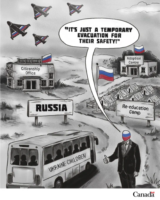 "It's just a temporary evacuation for their safety!" 
[Ukraine children] 
[RUSSIA] 
Adoption Centre 
Citizenship Office 
Re-education Camp 
