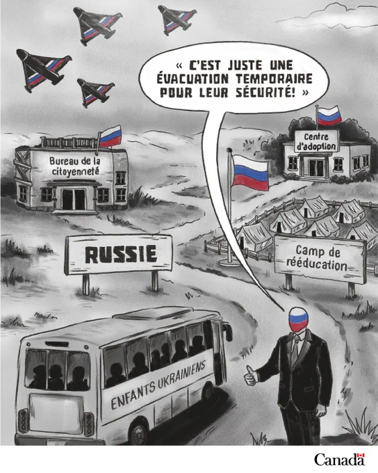 « C’est juste une évacuation temporaire pour leur sécurité! » 
[Enfants ukrainiens] 
[RUSSIE] 
Centre d’adoption 
Bureau de la citoyenneté 
Camp de rééducation 