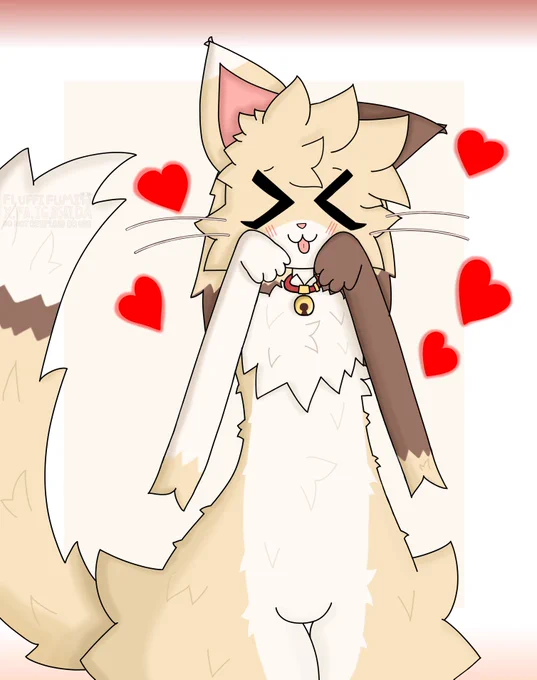 My Fan Art for @aarelthings: Caramel with closed Eyes and Her Tongue sticking out, Hands pressed to Her Face, left Ear lowered, Tail raised, with several Red Hearts in the Background , SFW 💖
