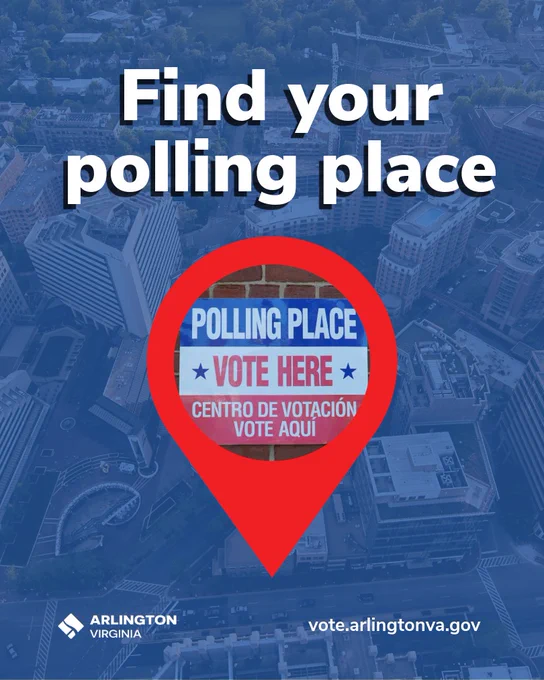 “Find your polling place” with map marker over aerial view of Arlington as background. 