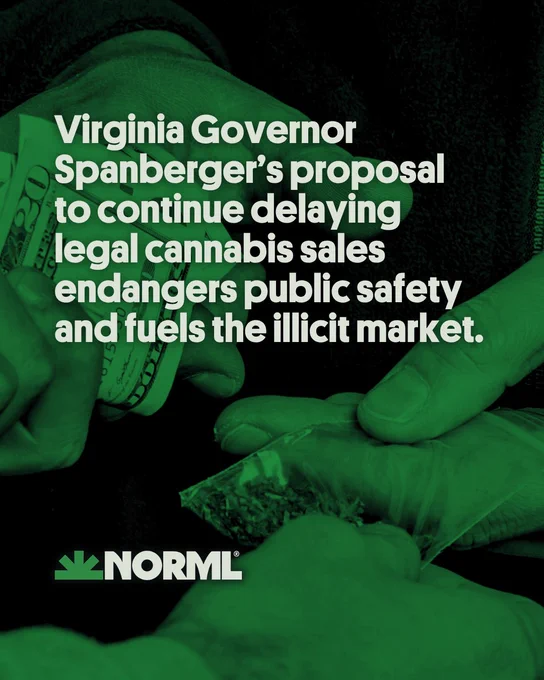 Headline reads, "Virginia Governor Spanberger’s proposal 
to continue delaying legal cannabis sales endangers public safety and fuels the illicit market." Background image is an illegal marijuana deal.