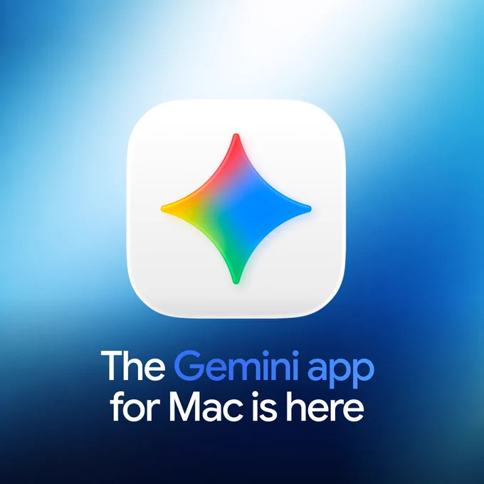 Graphic featuring the Gemini app icon and the text "The Gemini app for Mac is here" against a blue gradient background.
