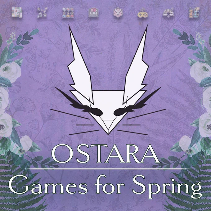 Graphic logo of rabbit and flowers with event text for Ostara Games for Spring.