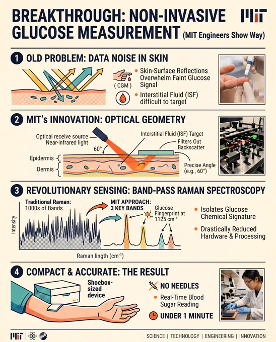 MIT engineers have developed a needle-free glucose monitor by solving a decades-old signal-to-noise problem using physical hardware geometry rather than complex software algorithms. By angling a near-infrared laser at precisely 60 degrees, they physically bypassed noisy skin-surface reflections to cleanly read chemical signatures in the interstitial fluid via Raman spectroscopy. Furthermore, by isolating just three specific spectral data bands instead of scanning the traditional 1,000, they drastically reduced processing overhead. This allowed them to shrink the equipment down to a shoebox-sized device capable of delivering accurate blood sugar readings in under a minute.