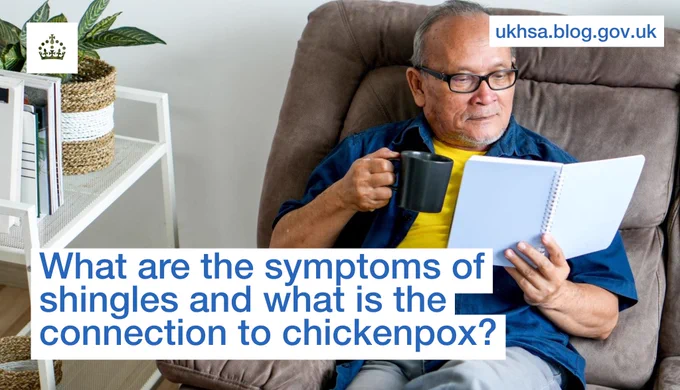 An older man sat on a chair reading and holding a mug, the text reads: What are the symptoms of shingles and what is the connection to chickenpox?