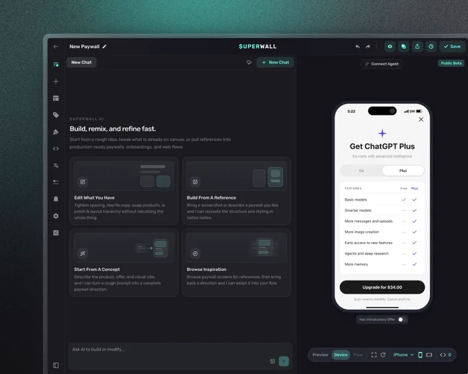 A dark-themed interface displays options for creating and customizing paywalls, featuring a mobile preview of a ChatGPT Plus upgrade prompt.