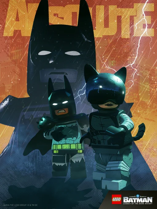 Stylized poster with Absolute Batman and Absolute Catwoman on an orange background with "Absolute" text in the background. 