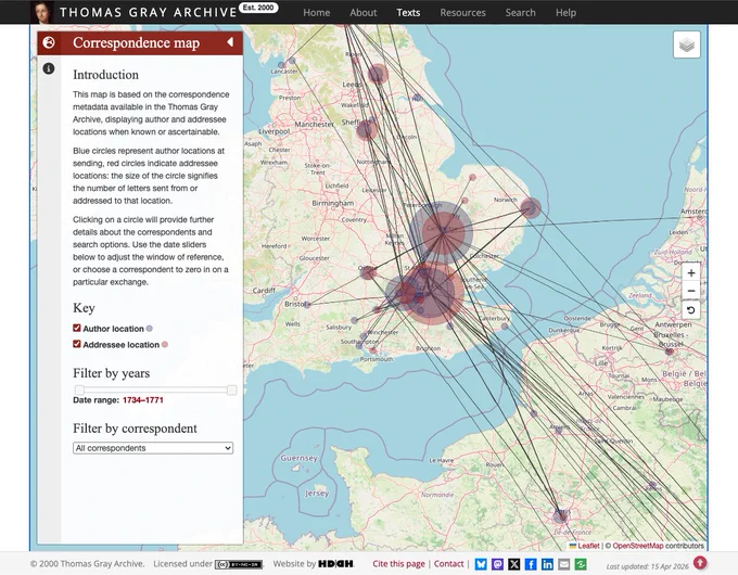 Screenshot of a detail of the interactive map of Thomas Gray's correspondence
