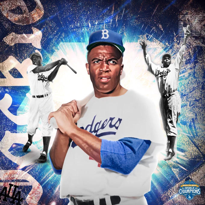 A graphic for Jackie Robinson Day with a cutout of Jackie Robinson in the center holding a baseball bat on his shoulder and then two smaller cutouts on the left and right of him of him swinging a bat and fielding.