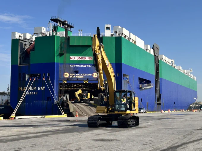 Roll on/roll off cargo being unloaded off of a docked vessel at Port of Baltimore's Dundalk Marine Terminal.