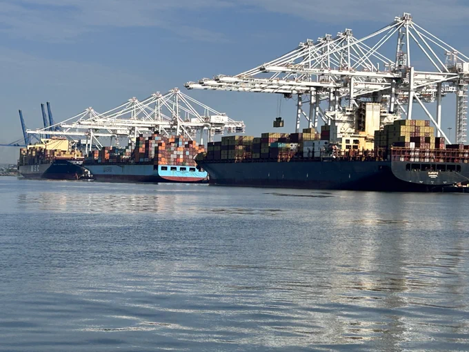 Three container vessels docked at the Port of Baltimore's Seagirt Marine Terminal.
