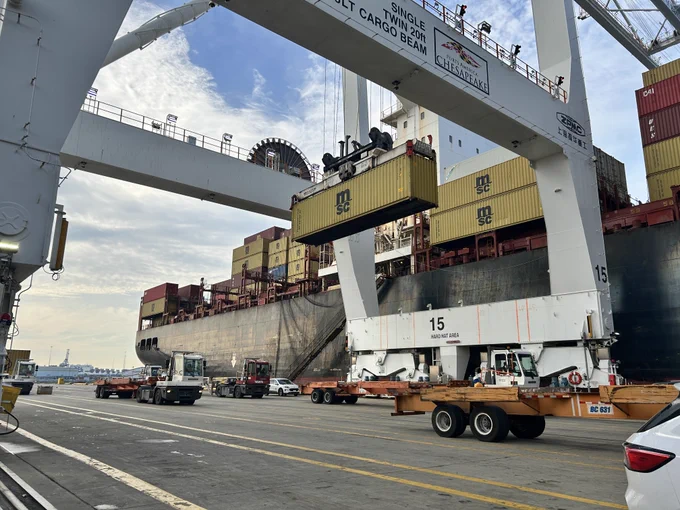 A container being unloaded off of a container ship at the Port of Baltimore's Seagirt Marine Terminal.