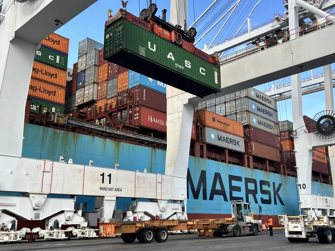 A container being unloaded off of a container ship at the Port of Baltimore's Seagirt Marine Terminal.