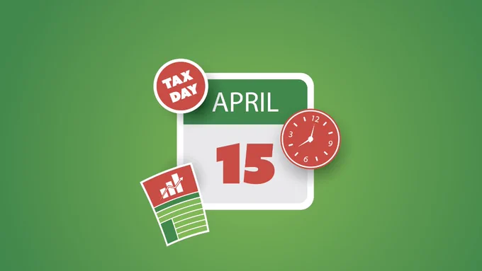 A green calendar displays April 15, marked with "Tax Day." Nearby are a bar graph document and a red clock showing 2:00.