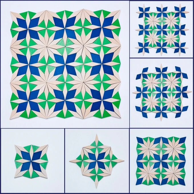 The top left main image shows a square-like geometric design created with pattern blocks. The main design shows flower-like arrangements made of four blue and four tan rhombuses surrounded by eight green triangles and eight tan rhombuses. This ‘flower’ is repeated nine times in a three by three array. The gaps are filled with tan rhombuses. The images along the bottom and on the right show the progression of the design.