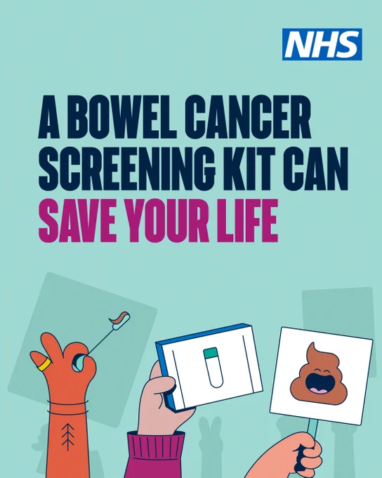 A teal background. Three cartoon hands hold up a bowel screening wand, a bowel screening test box and a placard with a poo emoji on it.