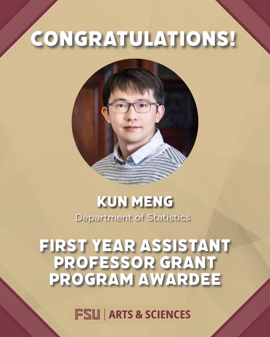 Congratulatory graphic featuring a headshot photo of Kun Meng.