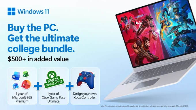 Promotional graphic for Windows 11 showing a laptop with a colorful game on screen and text reading “Buy the PC. Get the ultimate college bundle. $500  in added value.” The bundle includes one year of Microsoft 365 Premium, one year of Xbox Game Pass Ultimate, and a customizable Xbox Wireless Controller. 