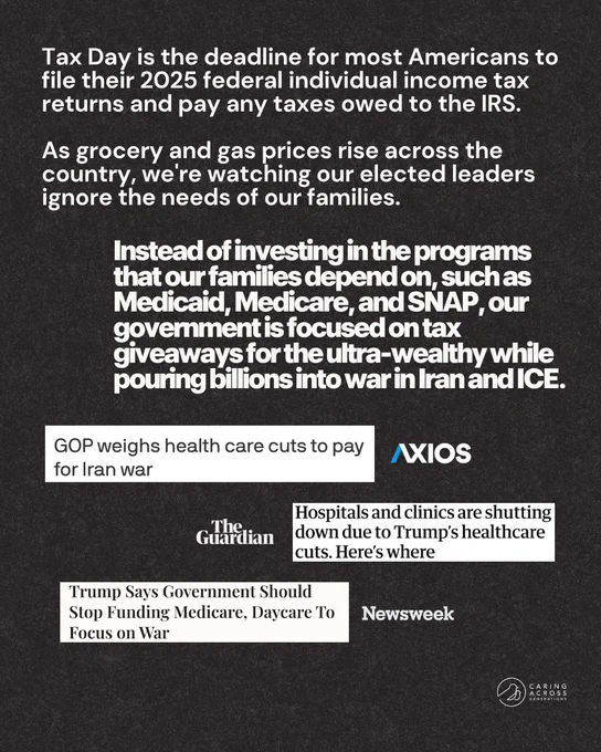 The image contains a statement criticizing the government for prioritizing war spending over programs like Medicaid, Medicare, and SNAP, which support families. It highlights economic concerns like rising grocery and gas prices. The text includes logos from Axios, The Guardian, and Newsweek, referencing related news articles.