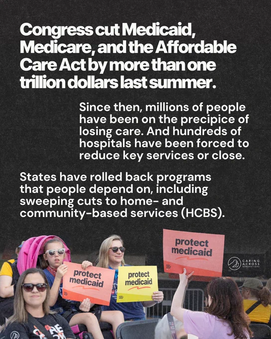 Protesters hold signs reading "protect Medicaid" at a rally. A banner in the background highlights the impact of cuts to Medicaid, Medicare, and the Affordable Care Act, stating over one trillion dollars were cut last summer. The text emphasizes the hardship on hospitals and service reductions.