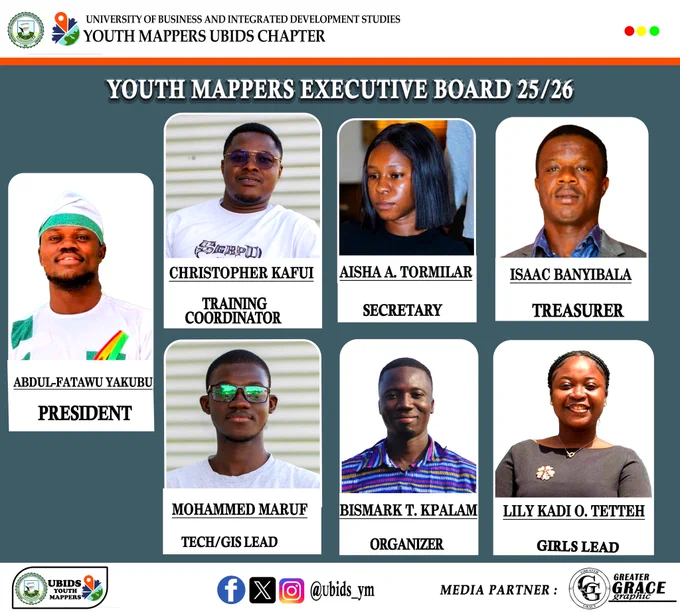 UBIDS YouthMappers Executive board 2025/2026 showing Abdul-Fatawu Yakubu as President, Christopher Kafui as Training Coordinator and others. The photo features the YouthMappers logo and UBIDS logo both to the upper left. There are 7 board members in total. 