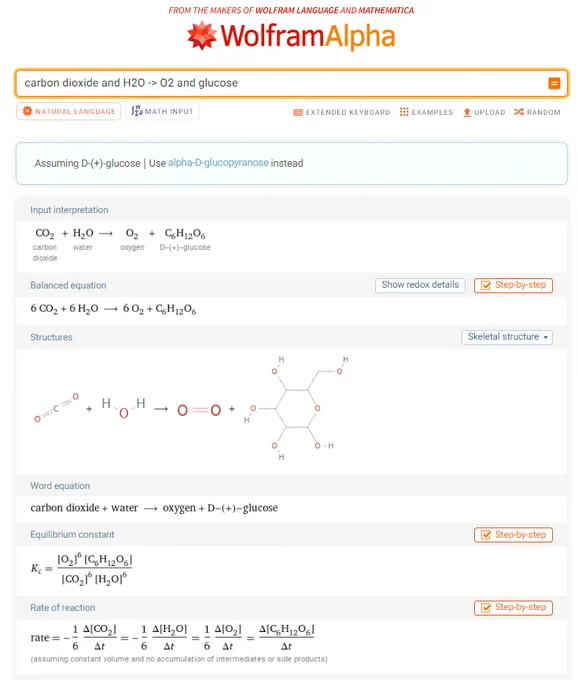 Wolfram|Alpha results about the main chemical reaction during the process of photosynthesis involving carbon dioxide and water as reagents and oxygen and glucose as products.